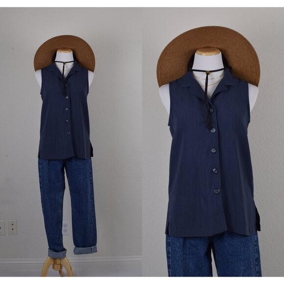 Vintage 80s Blue Polyester Button Down Blouse size‎ S - Picture 1 of 10
